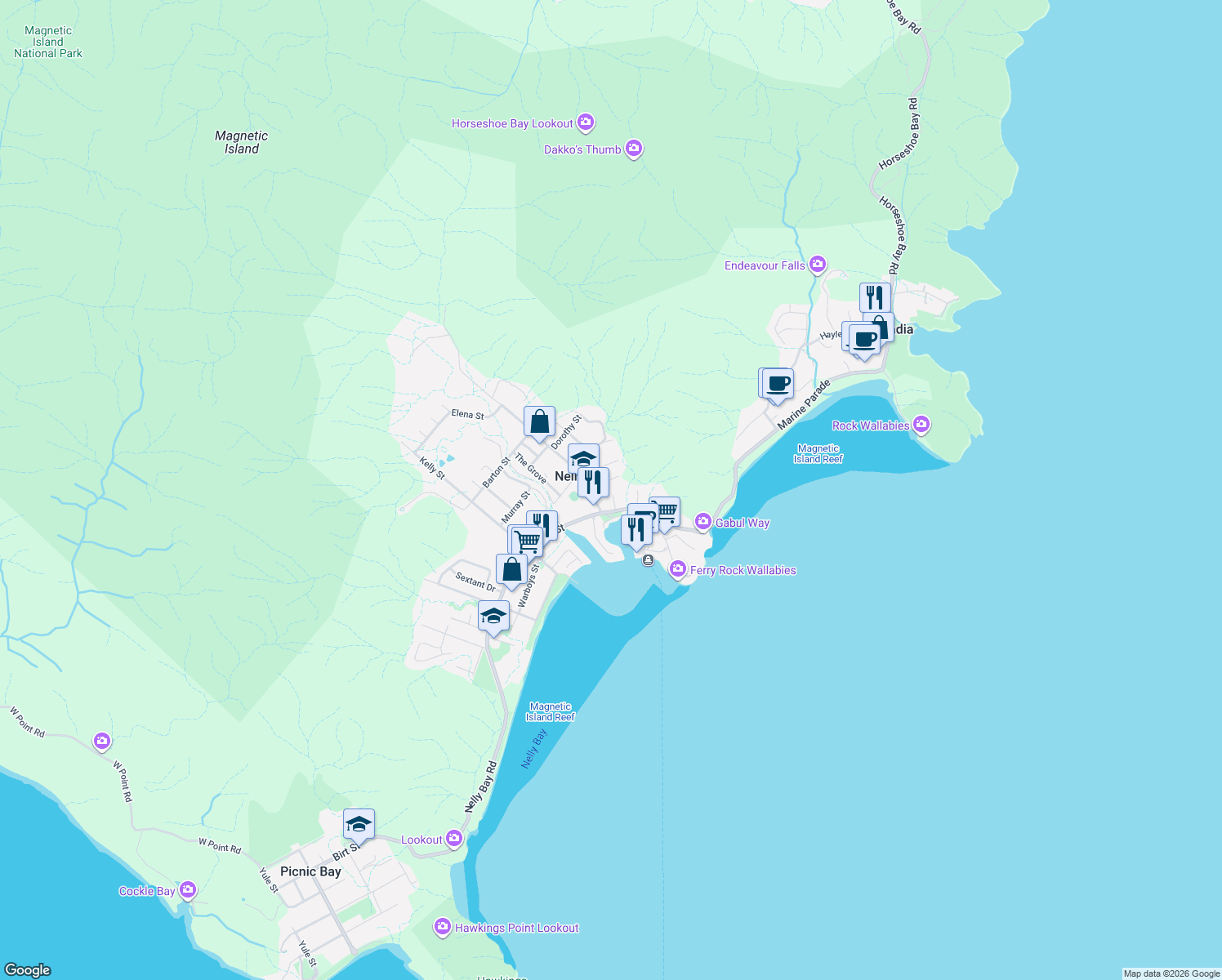 map of restaurants, bars, coffee shops, grocery stores, and more near 6 Osborn Court in Nelly Bay
