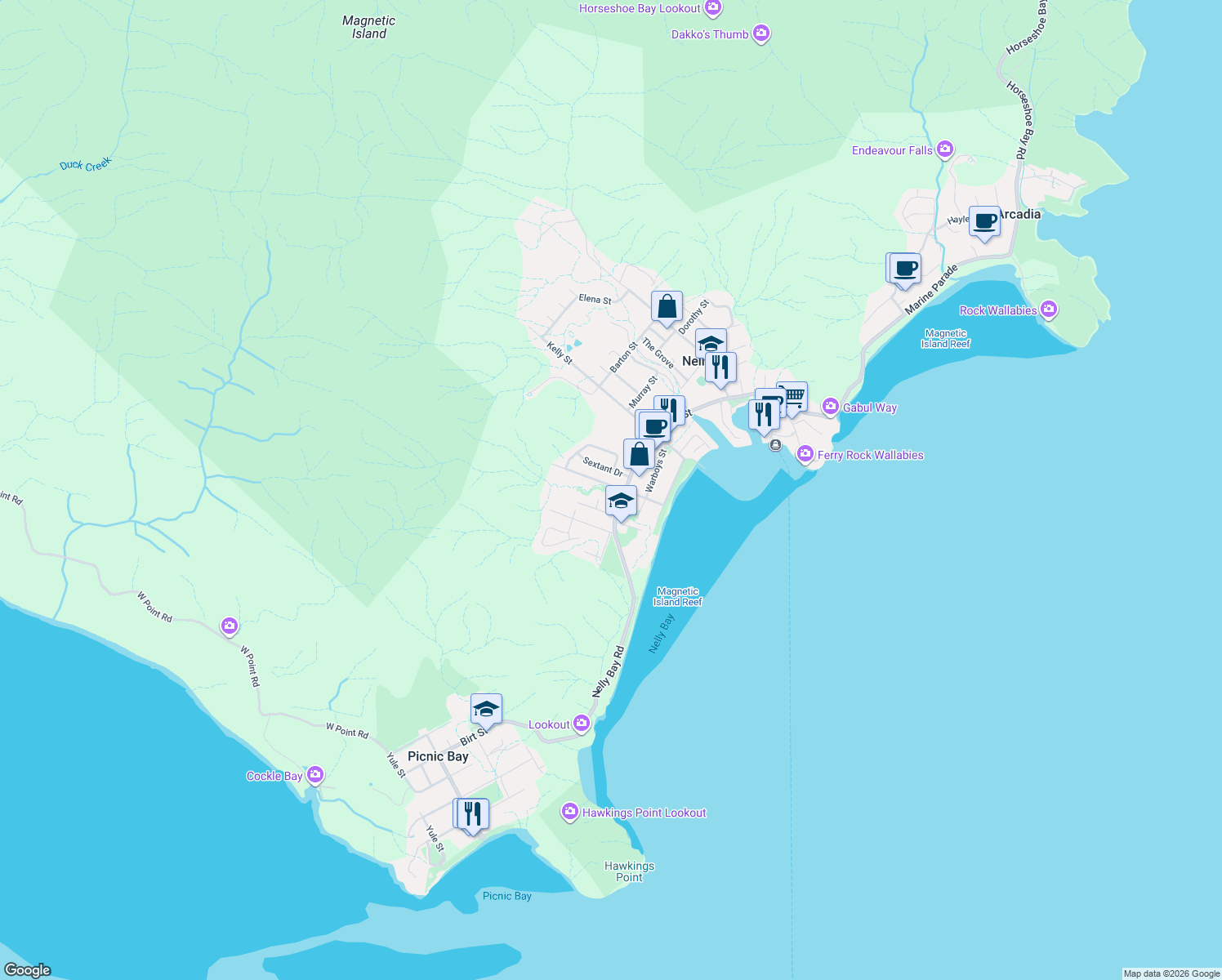 map of restaurants, bars, coffee shops, grocery stores, and more near 20 Yates Street in Nelly Bay