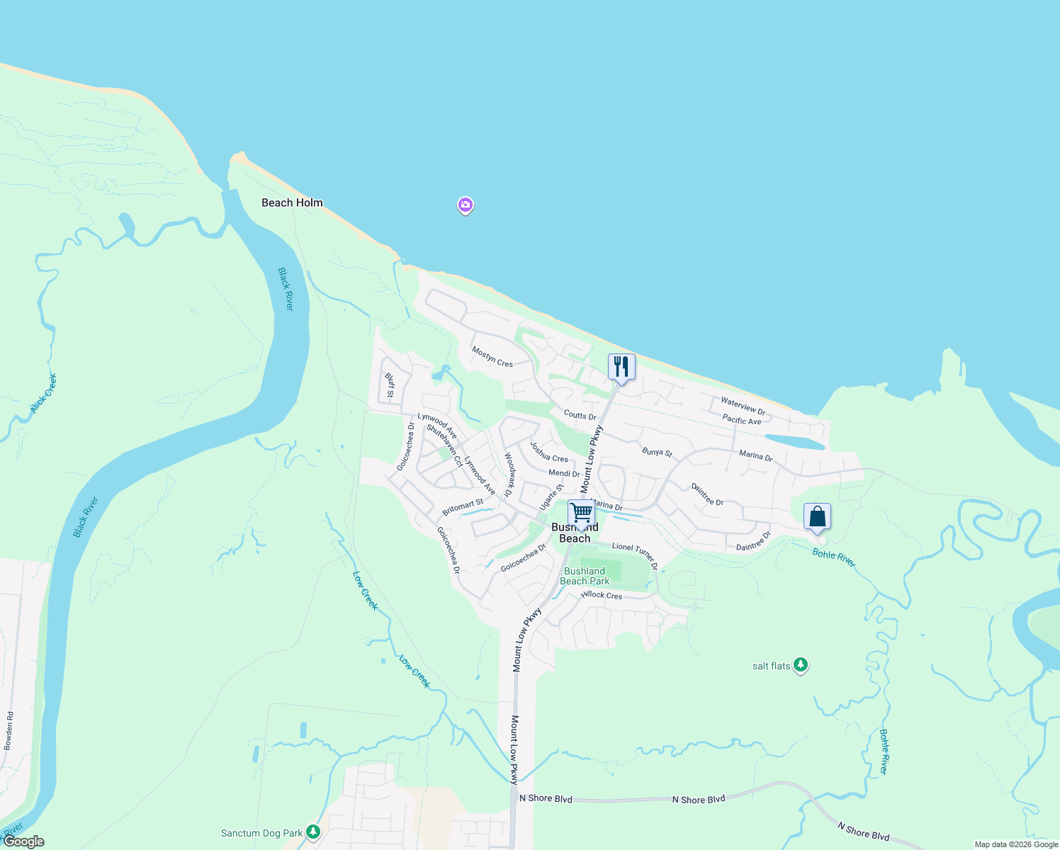 map of restaurants, bars, coffee shops, grocery stores, and more near 56 Woodwark Drive in Bushland Beach