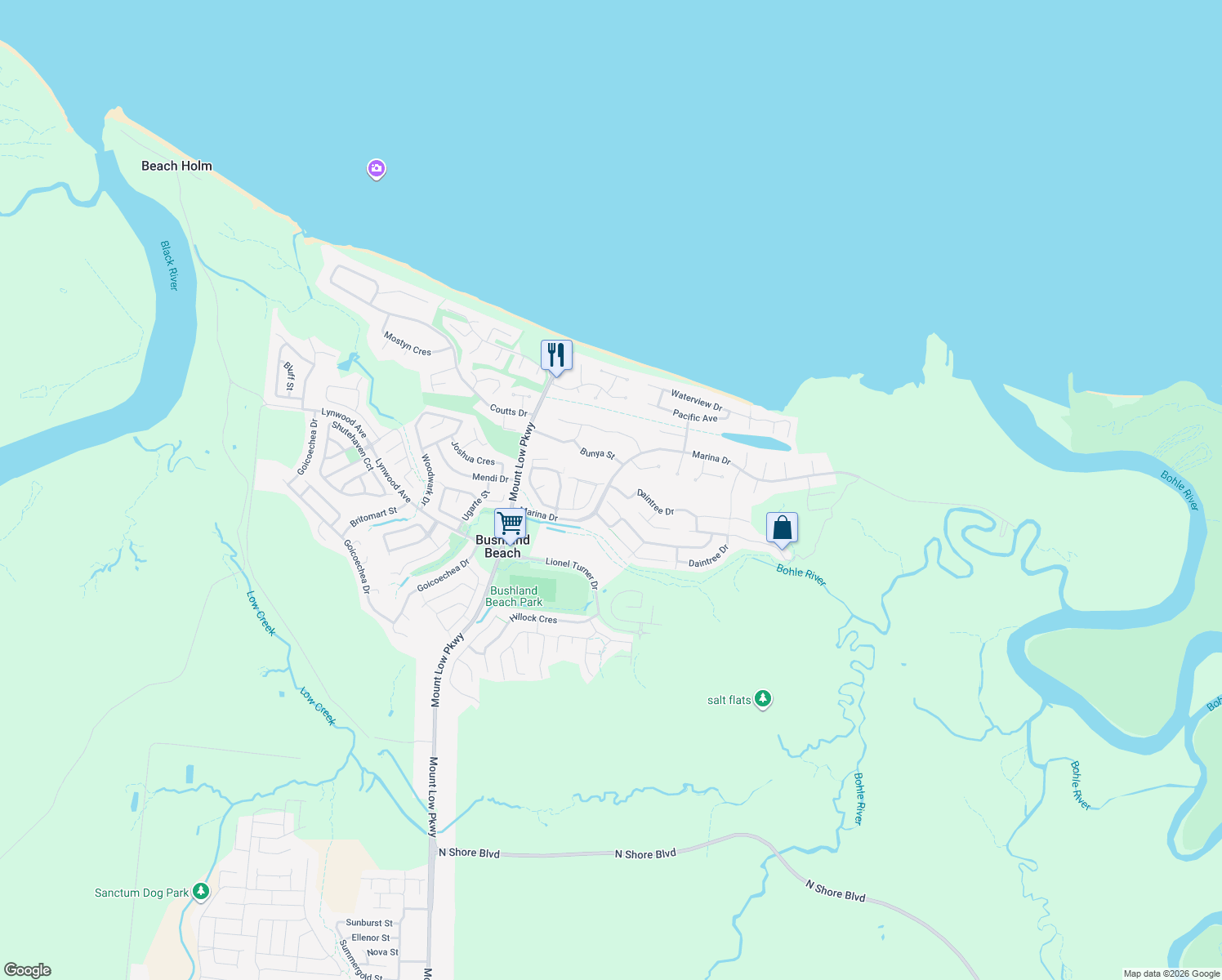 map of restaurants, bars, coffee shops, grocery stores, and more near 2 Daintree Drive in Bushland Beach