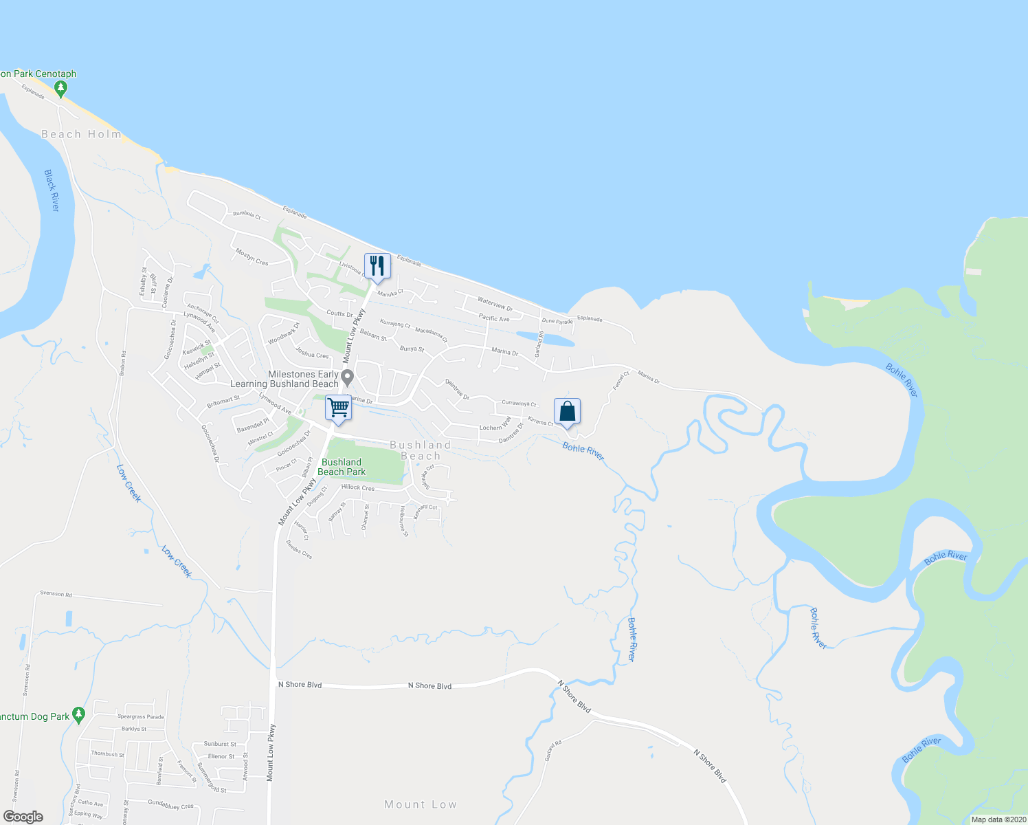 map of restaurants, bars, coffee shops, grocery stores, and more near 65 Daintree Drive in Bushland Beach