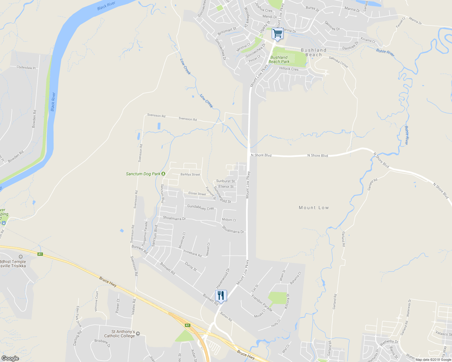 map of restaurants, bars, coffee shops, grocery stores, and more near Sunburst Street in Mount Low