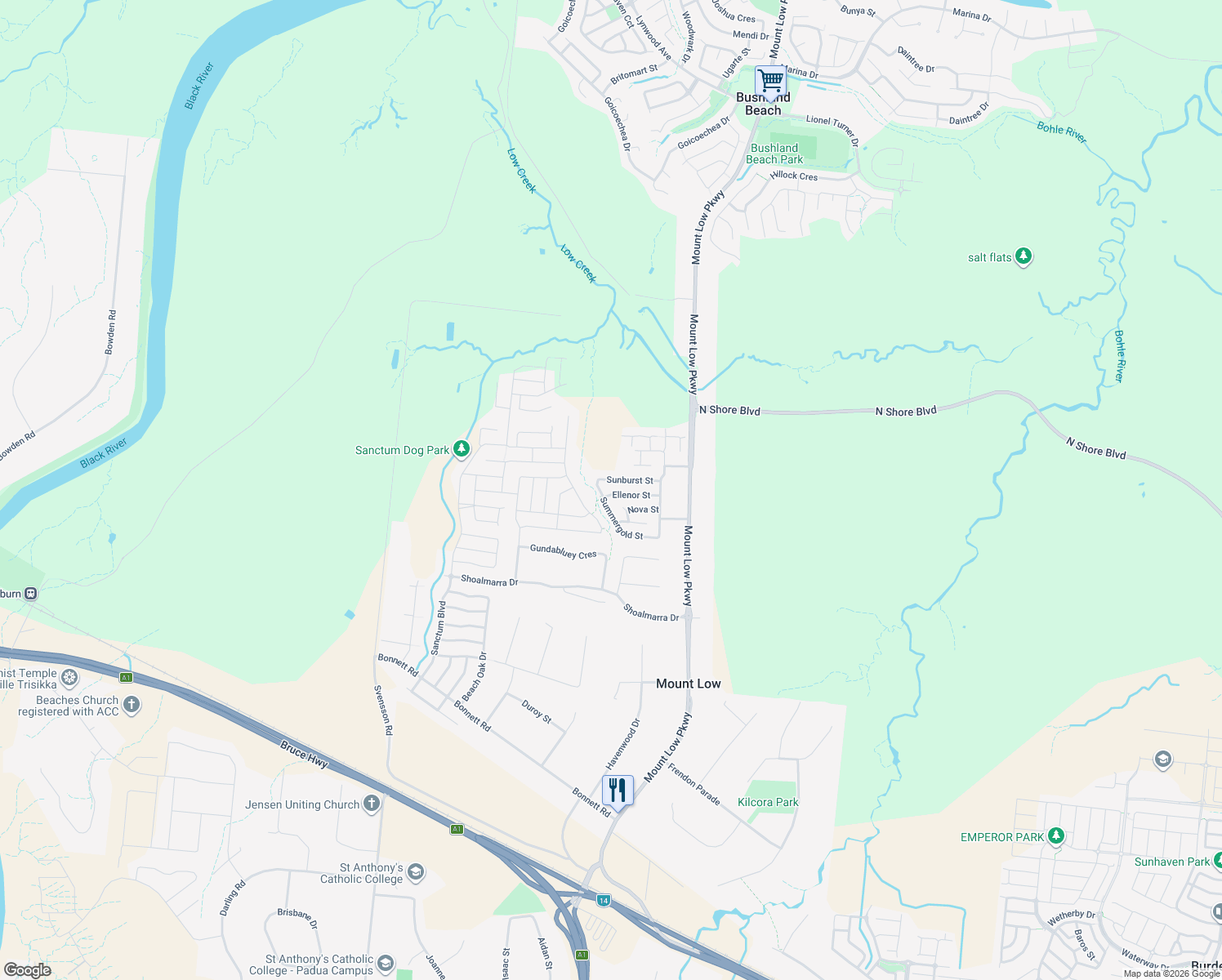 map of restaurants, bars, coffee shops, grocery stores, and more near 30 Ellenor Street in Mount Low