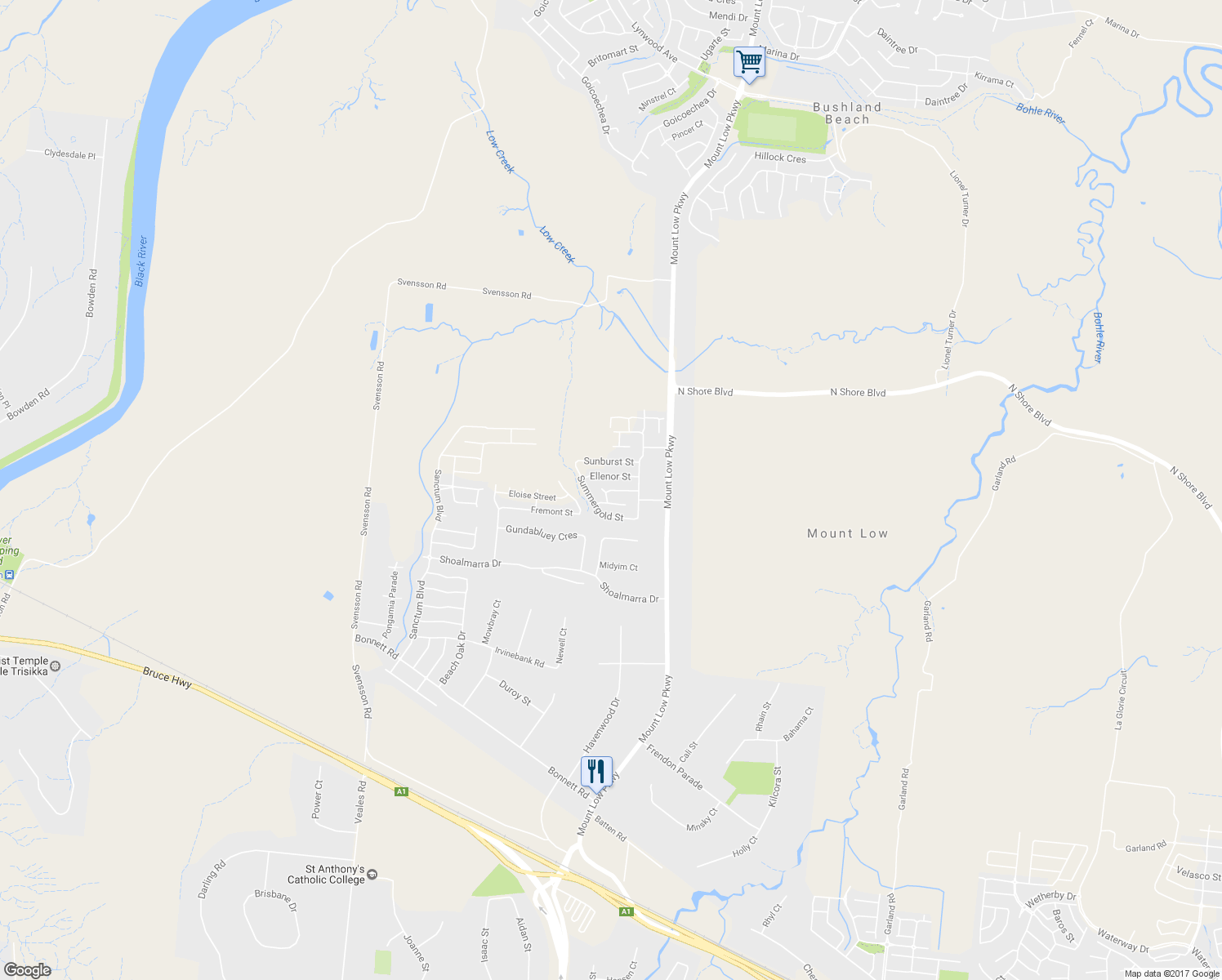 map of restaurants, bars, coffee shops, grocery stores, and more near Nova Street in Mount Low