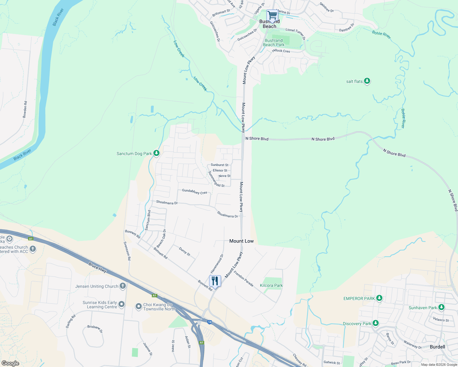 map of restaurants, bars, coffee shops, grocery stores, and more near 6 Atwood Street in Mount Low