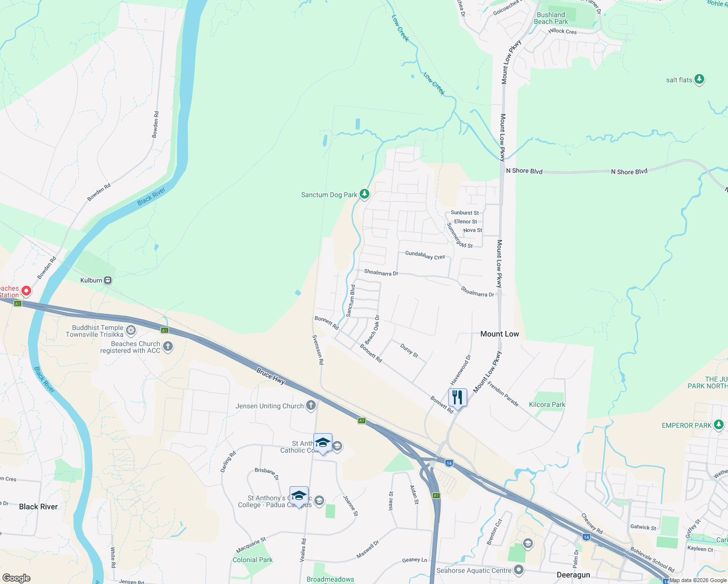 map of restaurants, bars, coffee shops, grocery stores, and more near 32 Brush Cherry Street in Mount Low