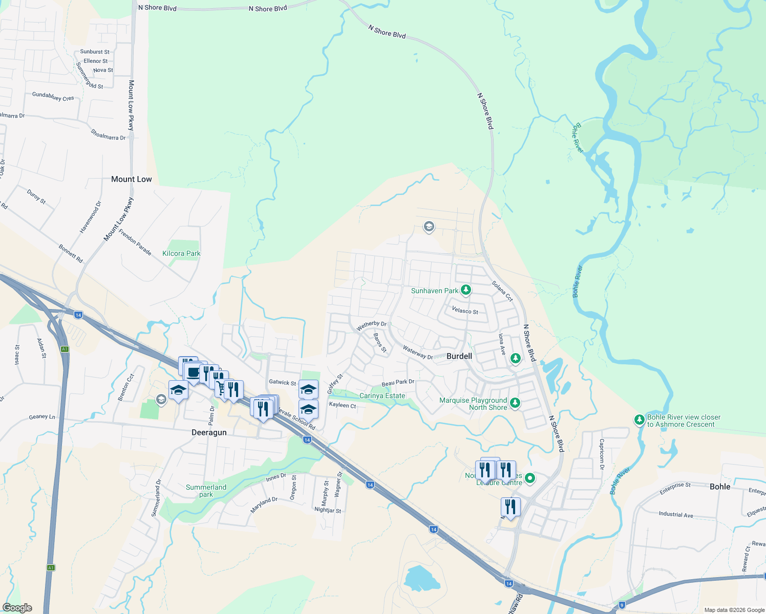 map of restaurants, bars, coffee shops, grocery stores, and more near 34 Trevalla Entrance in Burdell