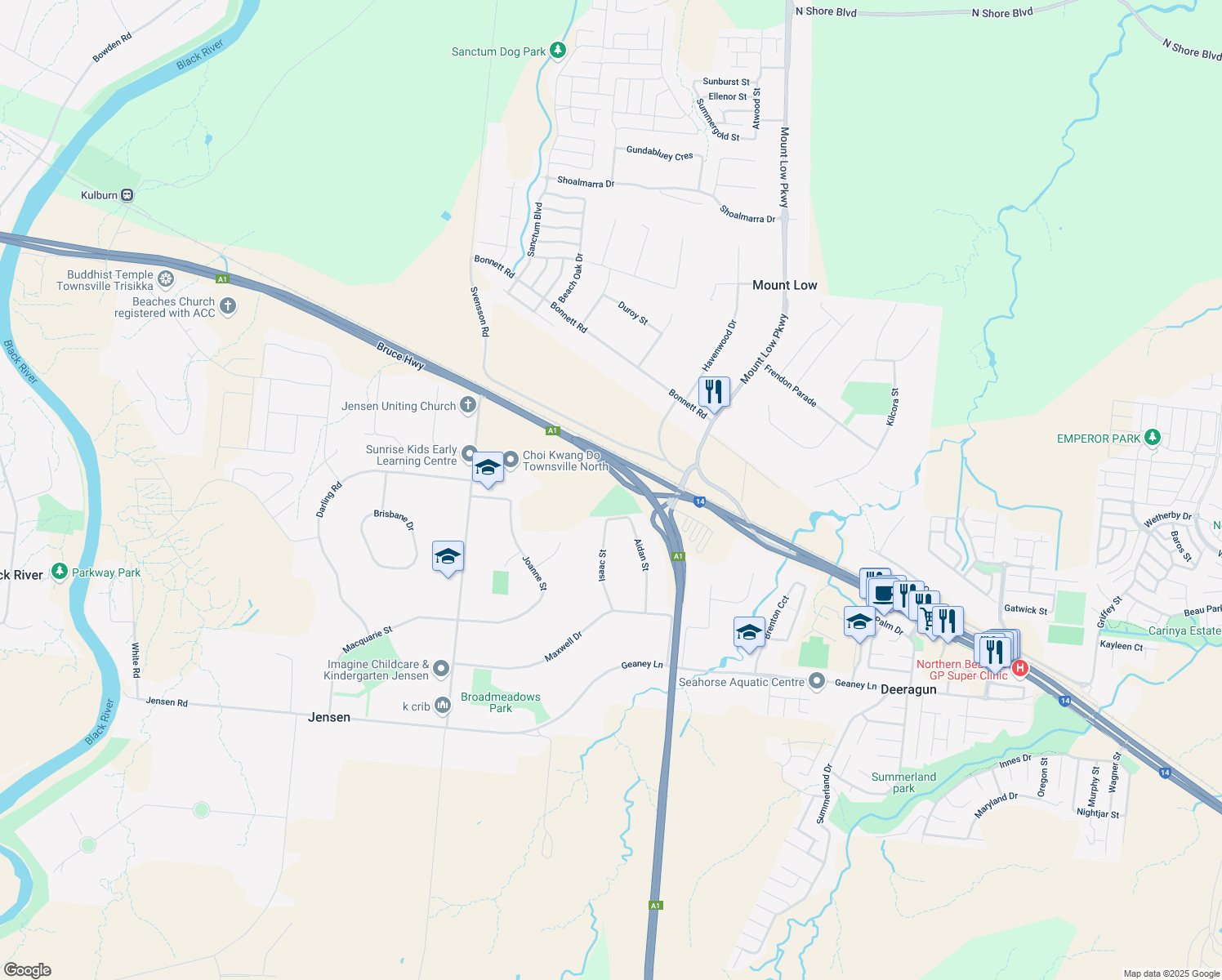 map of restaurants, bars, coffee shops, grocery stores, and more near 1 Bruce Highway in Deeragun