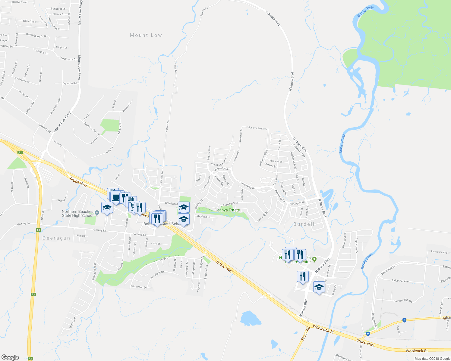 map of restaurants, bars, coffee shops, grocery stores, and more near Baros Street in Burdell