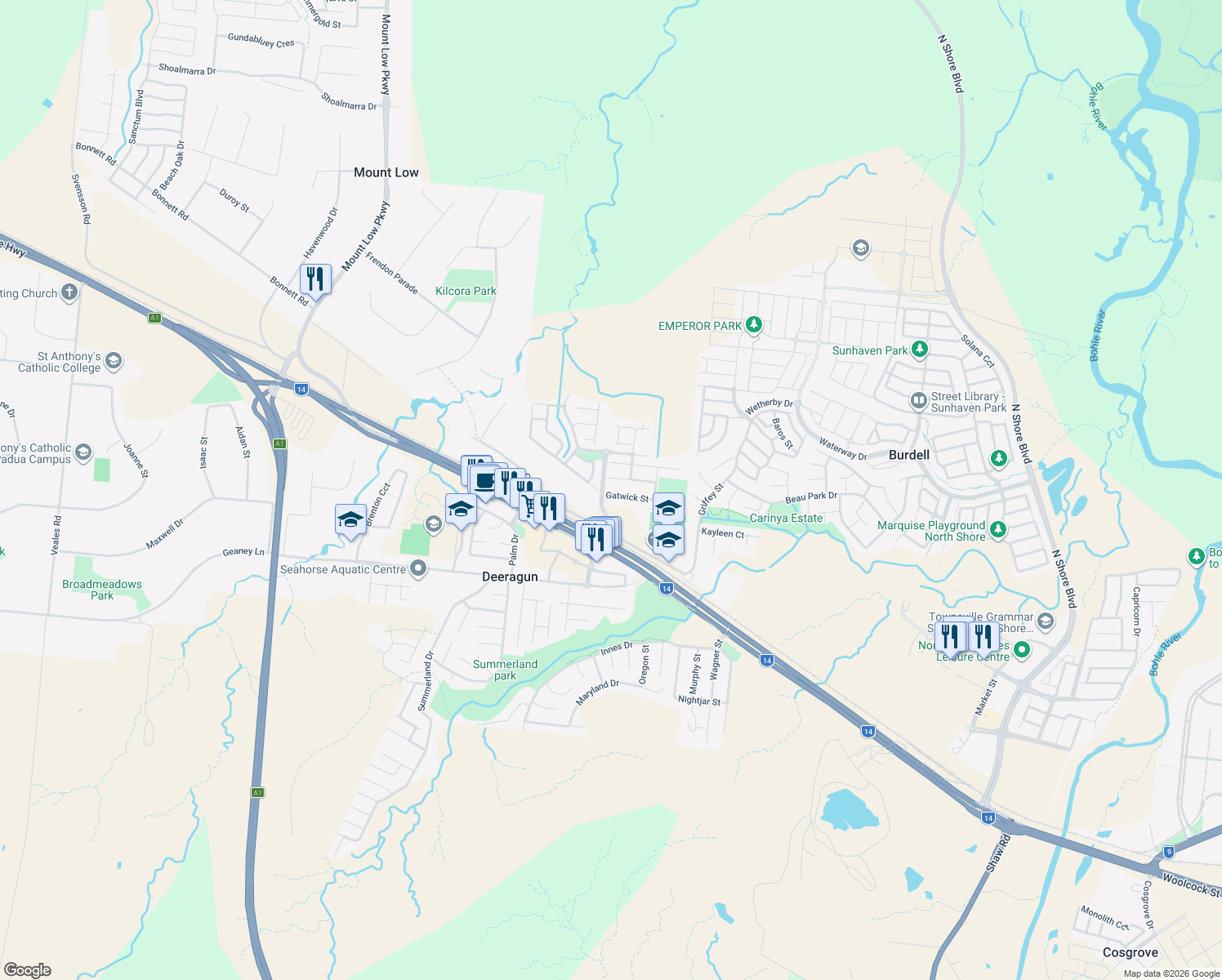 map of restaurants, bars, coffee shops, grocery stores, and more near 3 Gatwick Street in Burdell