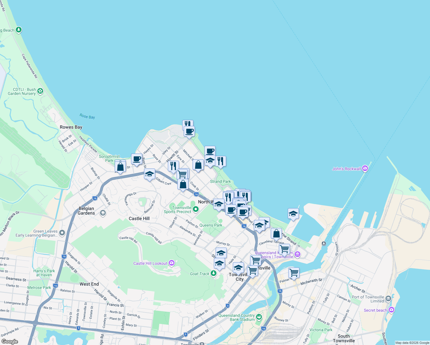 map of restaurants, bars, coffee shops, grocery stores, and more near 91 The Strand in North Ward