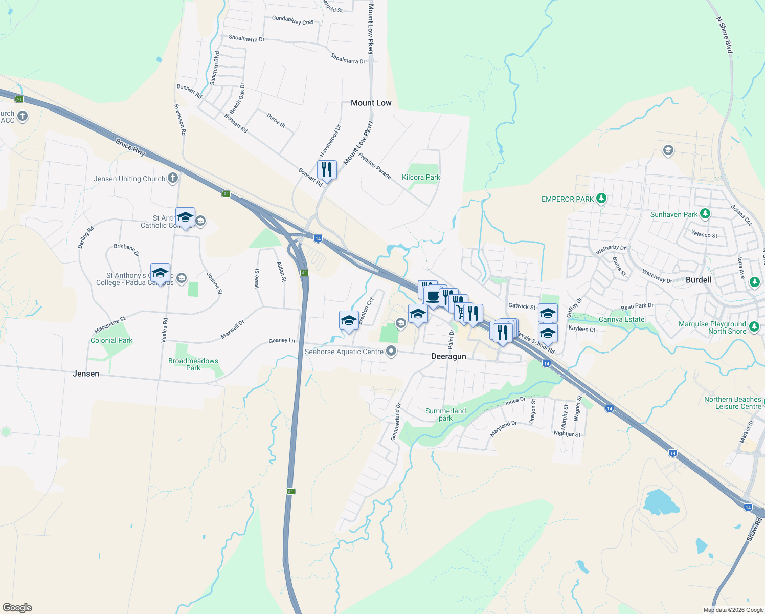 map of restaurants, bars, coffee shops, grocery stores, and more near 46 Brenton Circuit in Deeragun