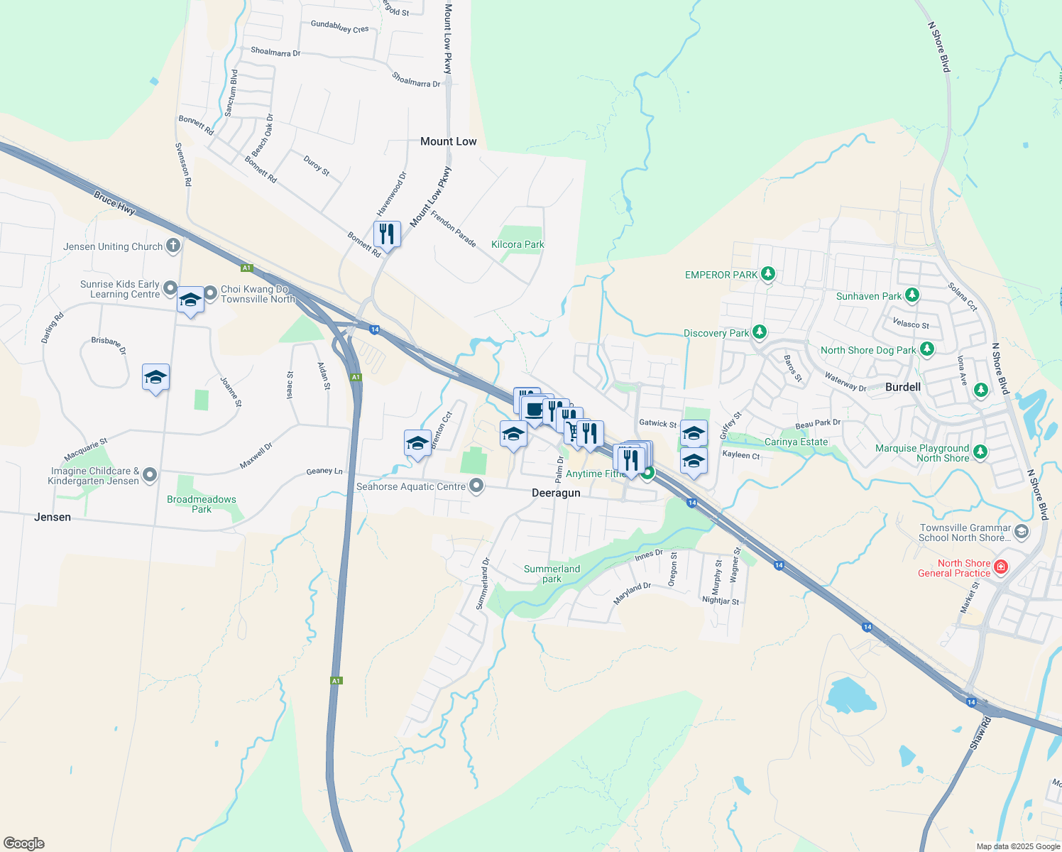 map of restaurants, bars, coffee shops, grocery stores, and more near 28 Palm Drive in Deeragun