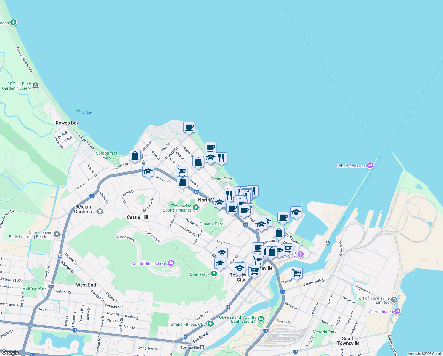 map of restaurants, bars, coffee shops, grocery stores, and more near 37-43 The Strand in North Ward