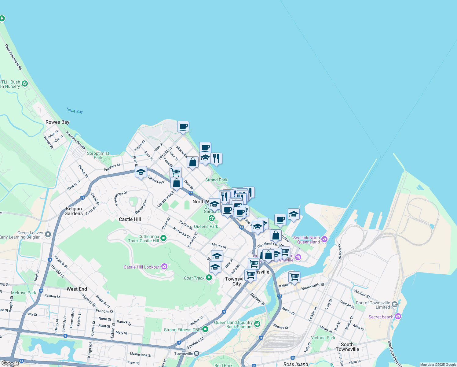 map of restaurants, bars, coffee shops, grocery stores, and more near 37-43 The Strand in North Ward