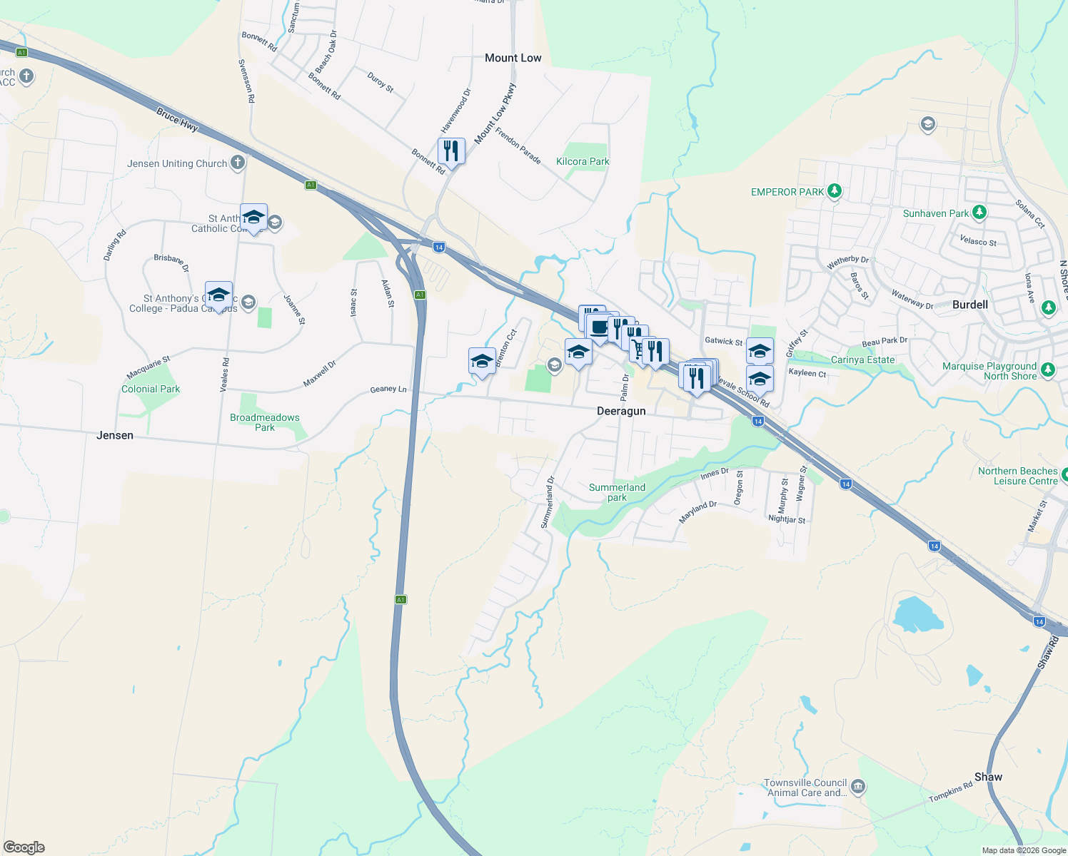 map of restaurants, bars, coffee shops, grocery stores, and more near 10 Elvina Street in Deeragun