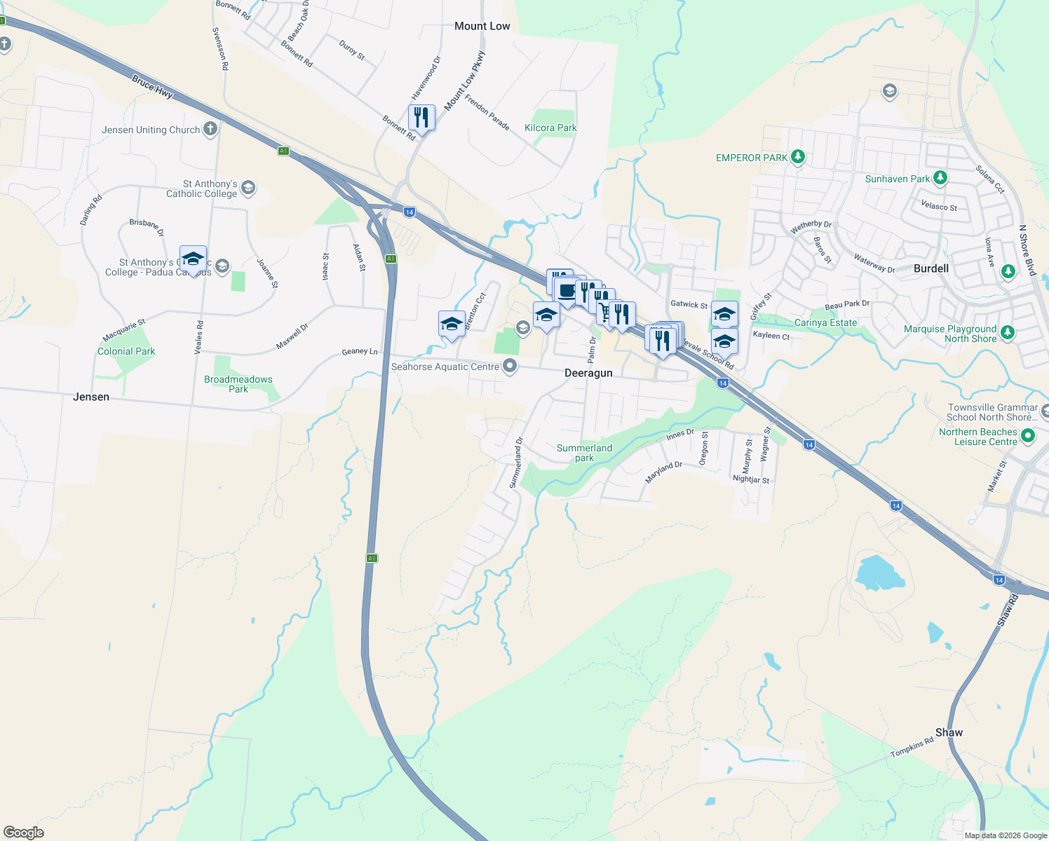 map of restaurants, bars, coffee shops, grocery stores, and more near 42 Summerland Drive in Deeragun