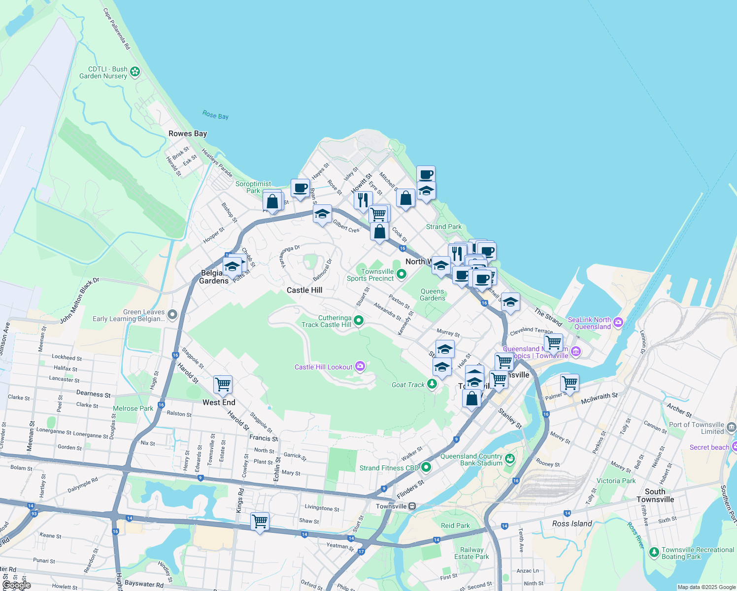 map of restaurants, bars, coffee shops, grocery stores, and more near 44 Alexandra Street in North Ward