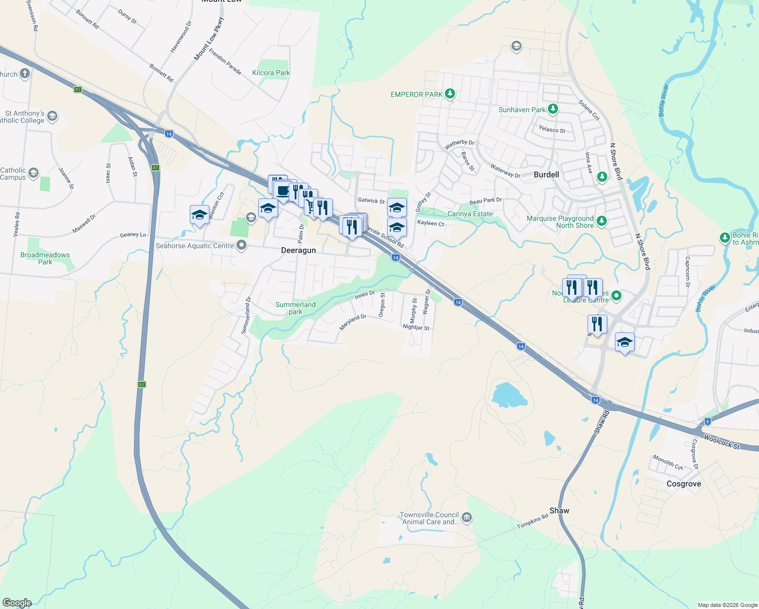 map of restaurants, bars, coffee shops, grocery stores, and more near 10 Oregon Street in Deeragun