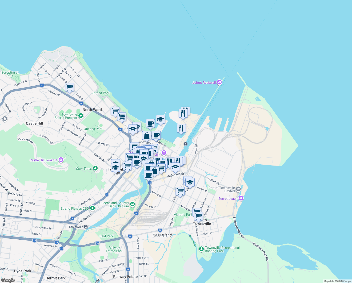 map of restaurants, bars, coffee shops, grocery stores, and more near 16 Sir Leslie Thiess Drive in Townsville City