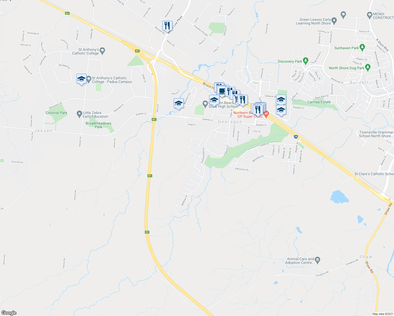 map of restaurants, bars, coffee shops, grocery stores, and more near 4 Dundabella Drive in Deeragun
