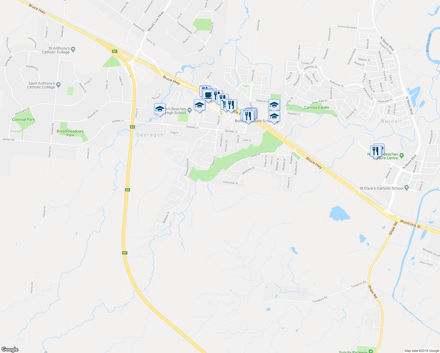 map of restaurants, bars, coffee shops, grocery stores, and more near Orillia Court in Deeragun