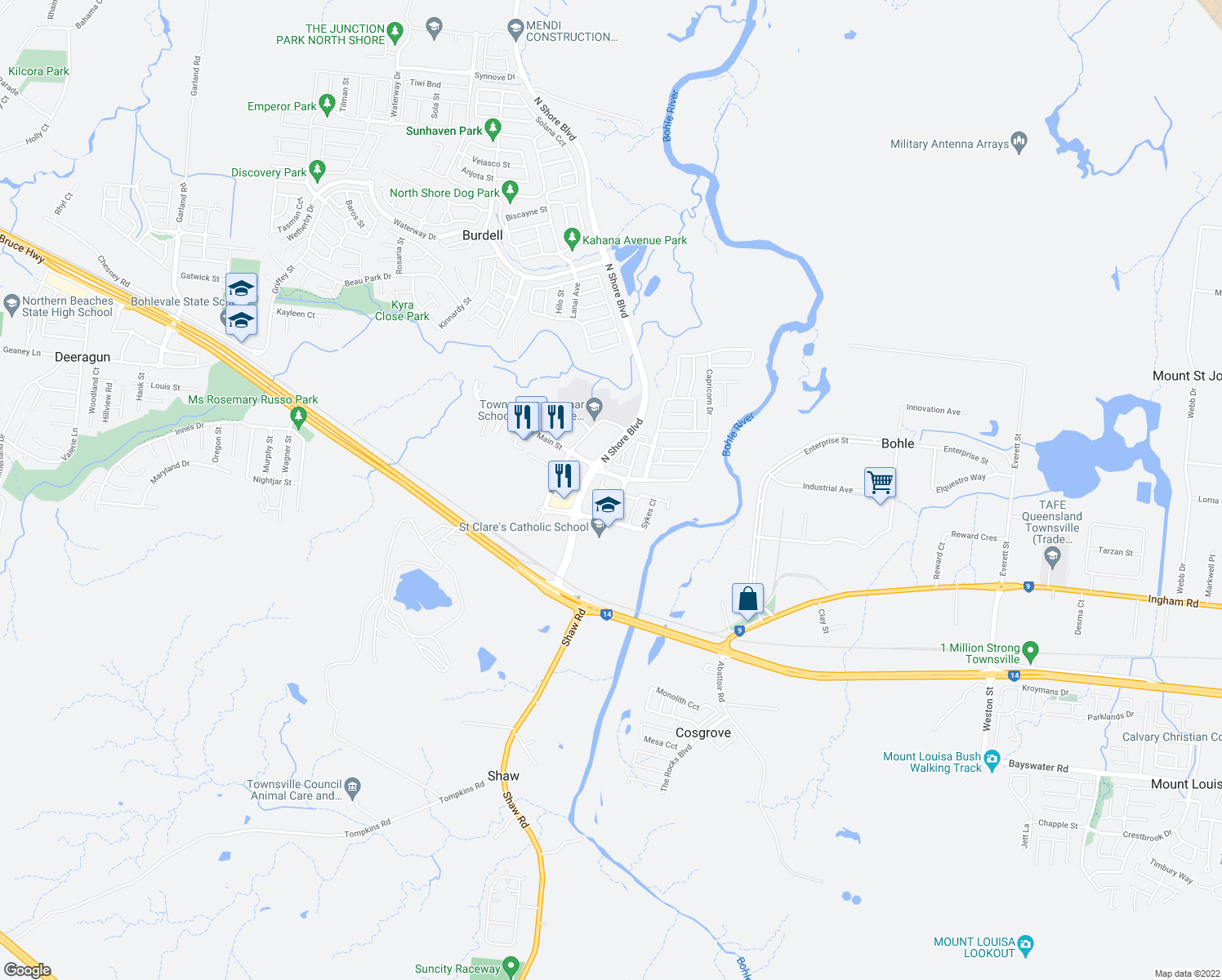 map of restaurants, bars, coffee shops, grocery stores, and more near Boult Court in Burdell