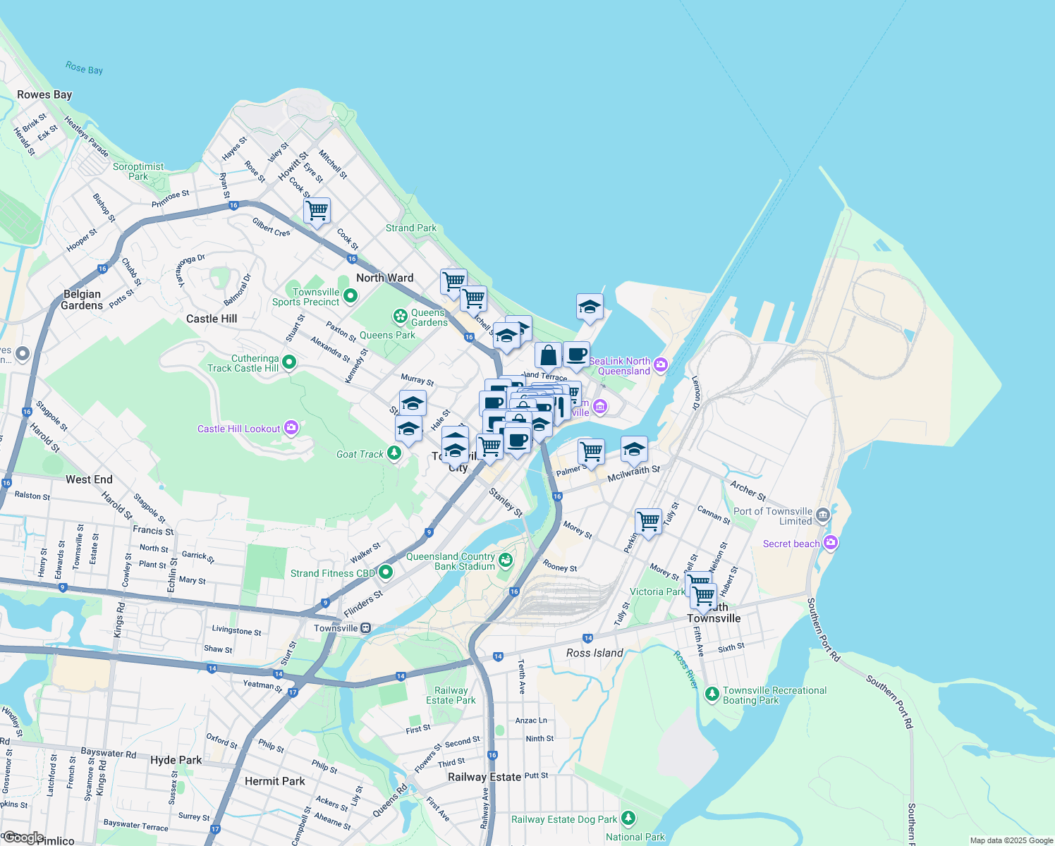 map of restaurants, bars, coffee shops, grocery stores, and more near 5 Denham Street in Townsville City