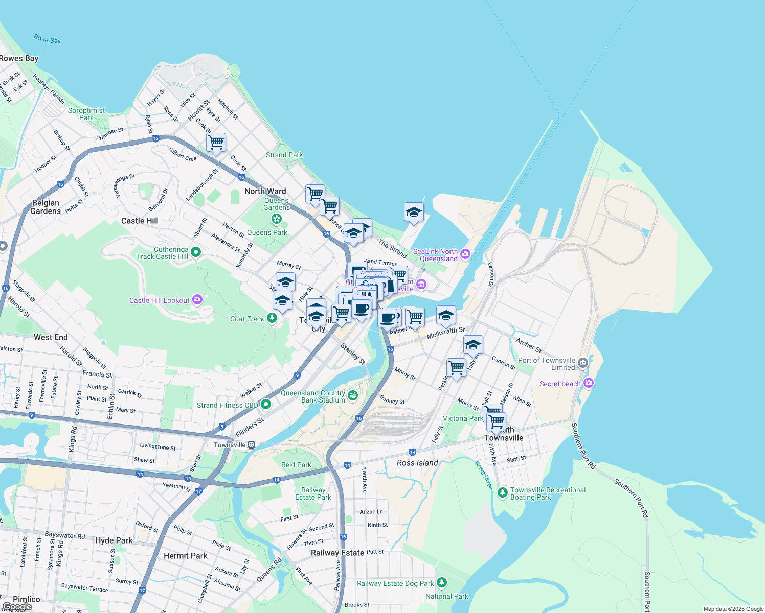map of restaurants, bars, coffee shops, grocery stores, and more near 5 Denham Street in Townsville City