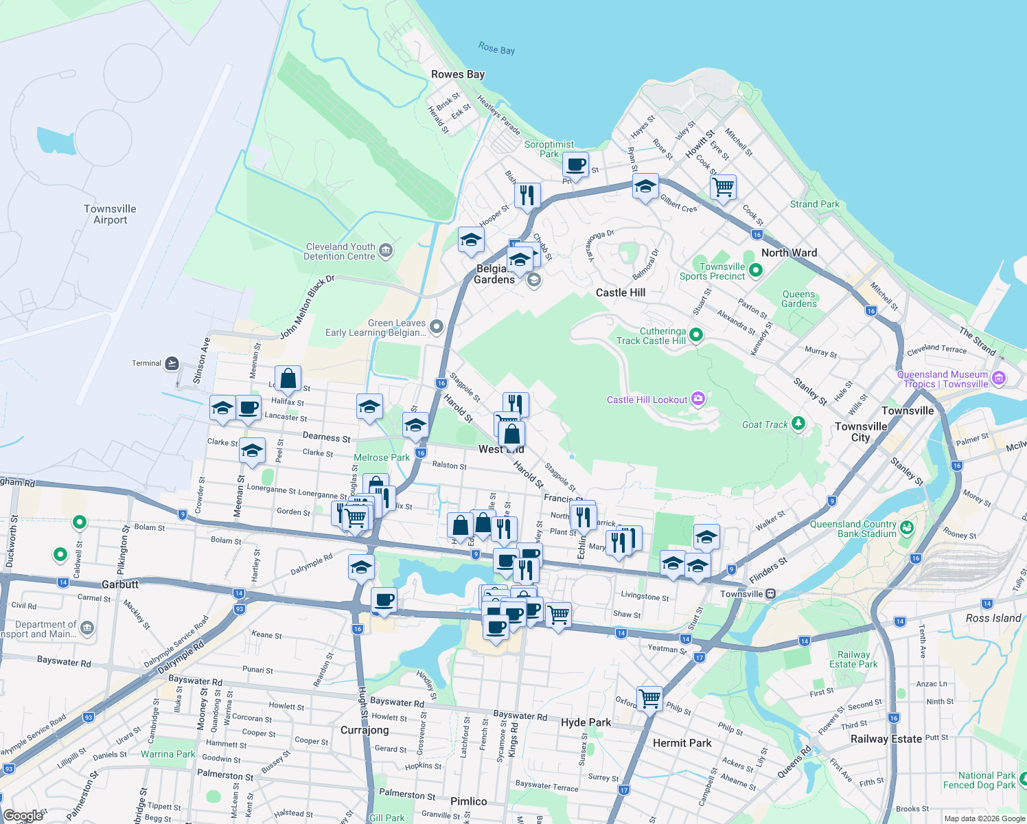 map of restaurants, bars, coffee shops, grocery stores, and more near 44 William Street in West End