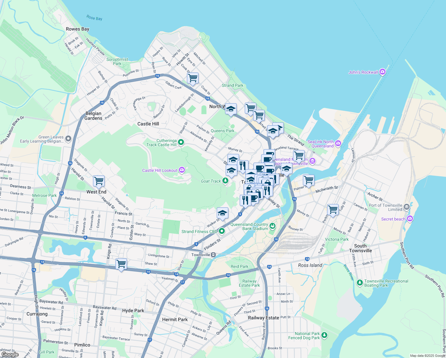 map of restaurants, bars, coffee shops, grocery stores, and more near 46 Victoria Street in Townsville City