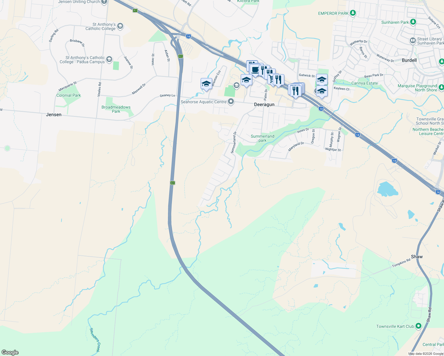 map of restaurants, bars, coffee shops, grocery stores, and more near 10 Lashmar Crescent in Deeragun