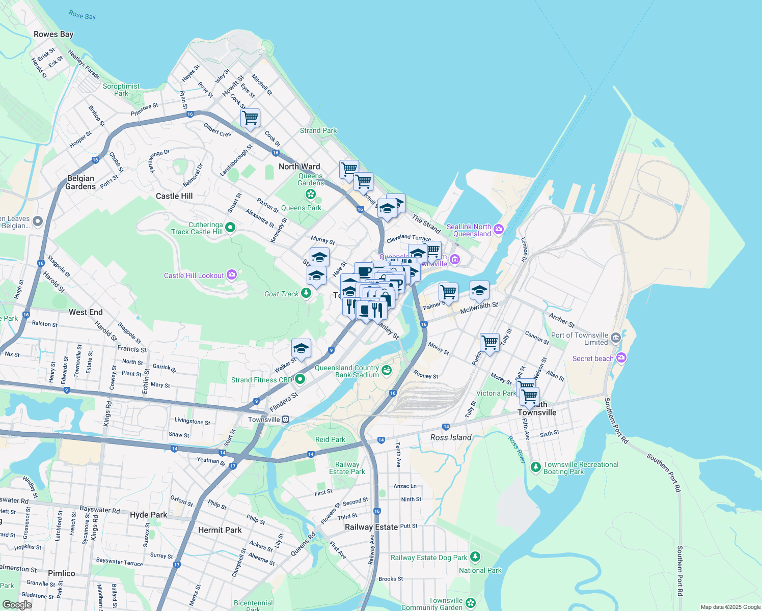 map of restaurants, bars, coffee shops, grocery stores, and more near 373 Flinders Street in Townsville
