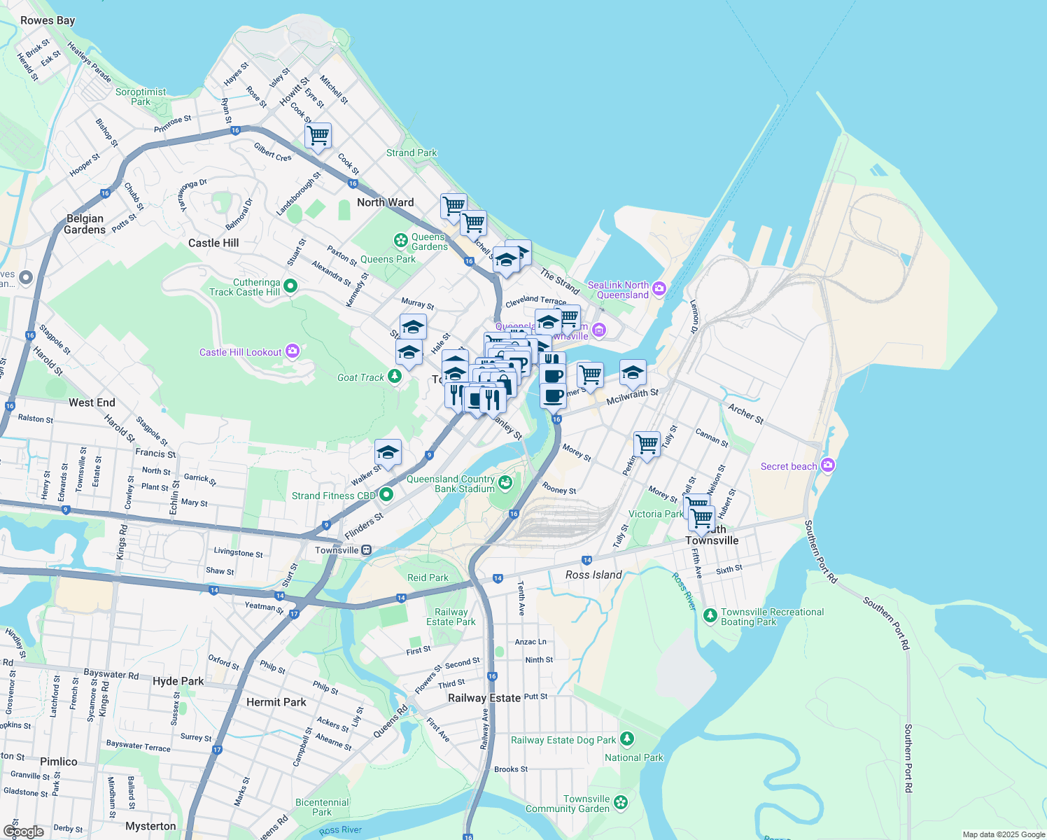 map of restaurants, bars, coffee shops, grocery stores, and more near 11 Stanley Street in Townsville