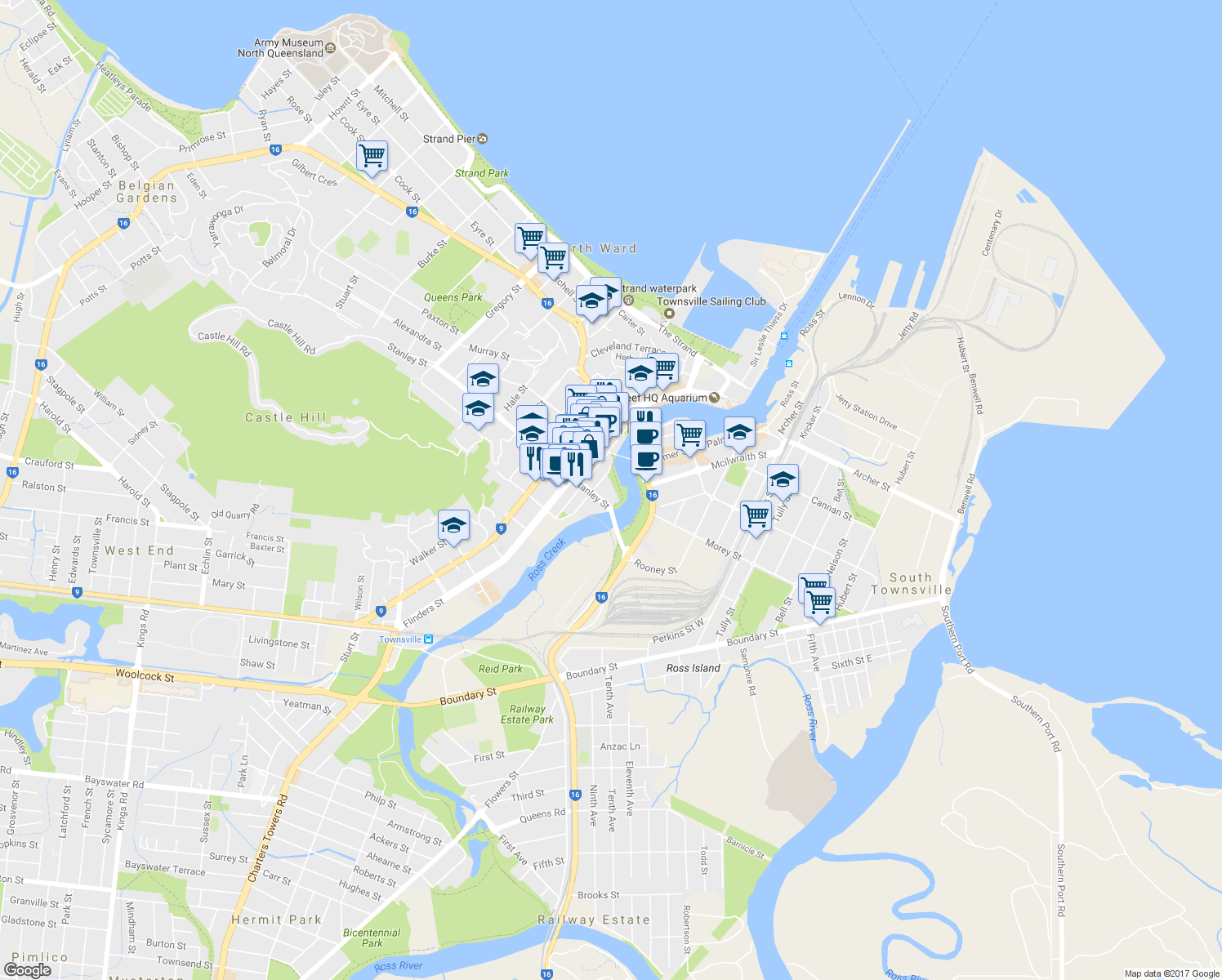map of restaurants, bars, coffee shops, grocery stores, and more near 51-69 Stanley Street in Townsville City