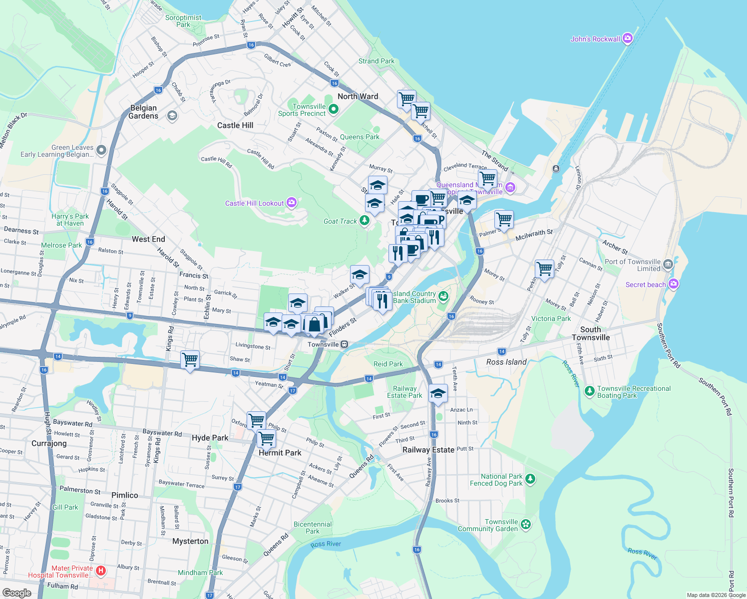 map of restaurants, bars, coffee shops, grocery stores, and more near 3 Fletcher Street in Townsville