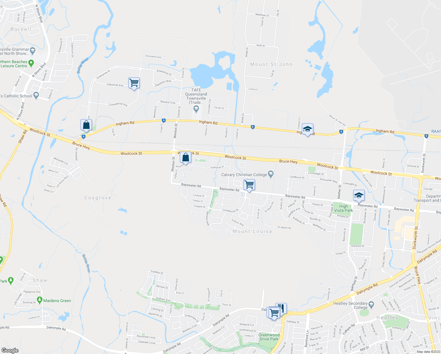 map of restaurants, bars, coffee shops, grocery stores, and more near 11 Rushtons Way in Mount Louisa