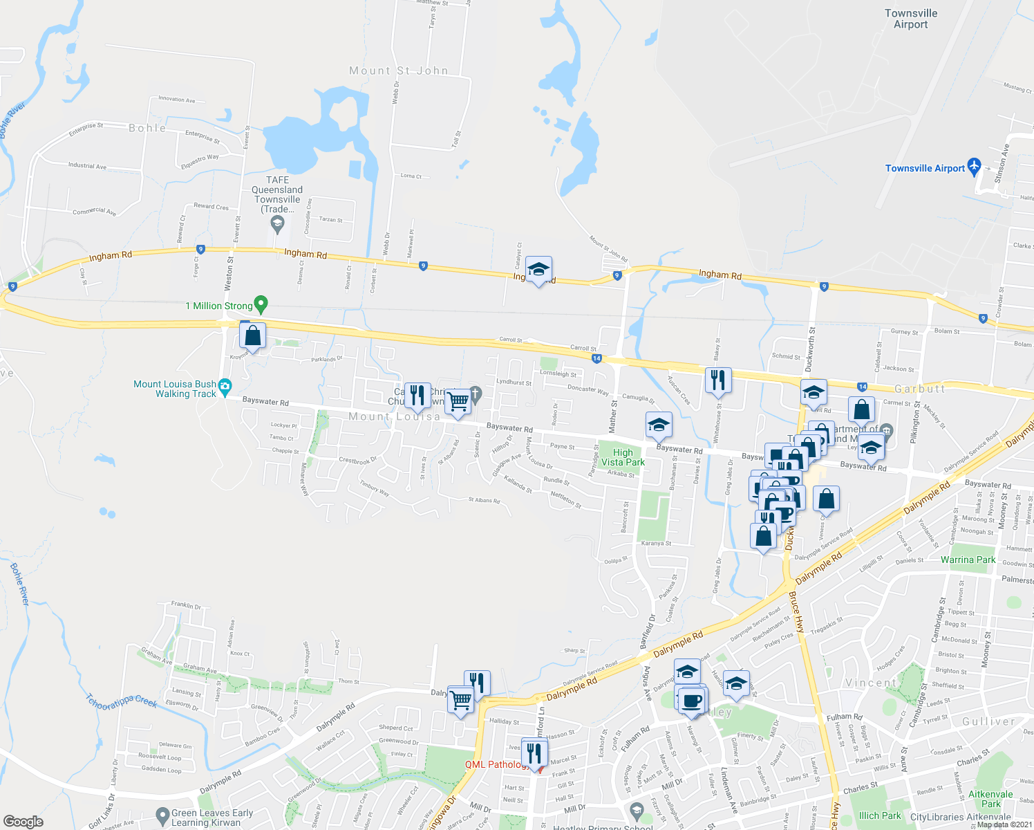 map of restaurants, bars, coffee shops, grocery stores, and more near 8 Chloe Court in Mount Louisa