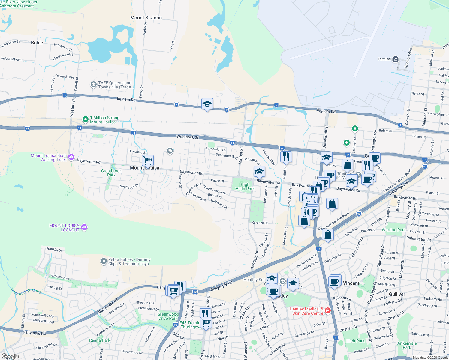map of restaurants, bars, coffee shops, grocery stores, and more near 11 Payne Street in Mount Louisa
