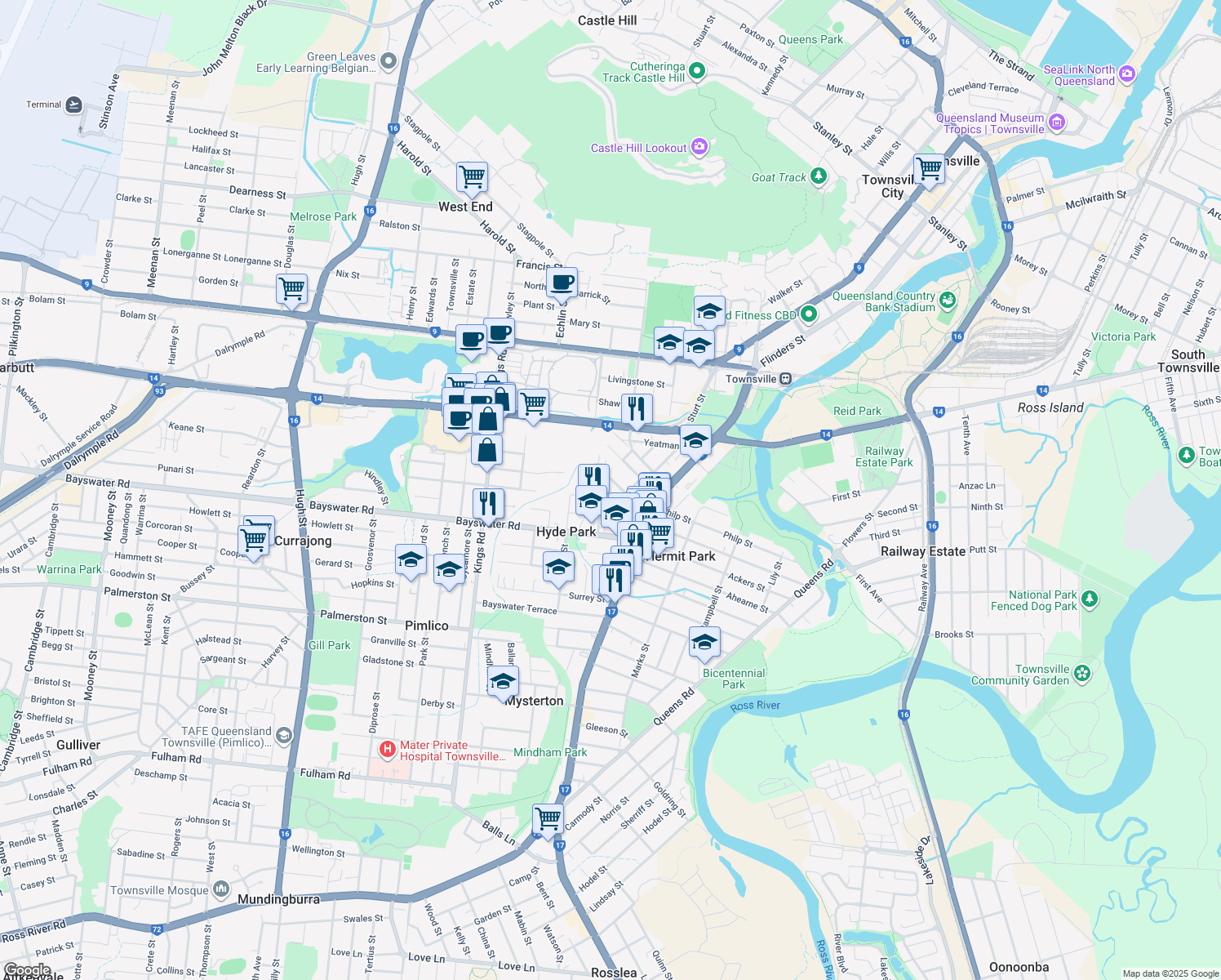 map of restaurants, bars, coffee shops, grocery stores, and more near 8 Piccadilly Street in Hyde Park