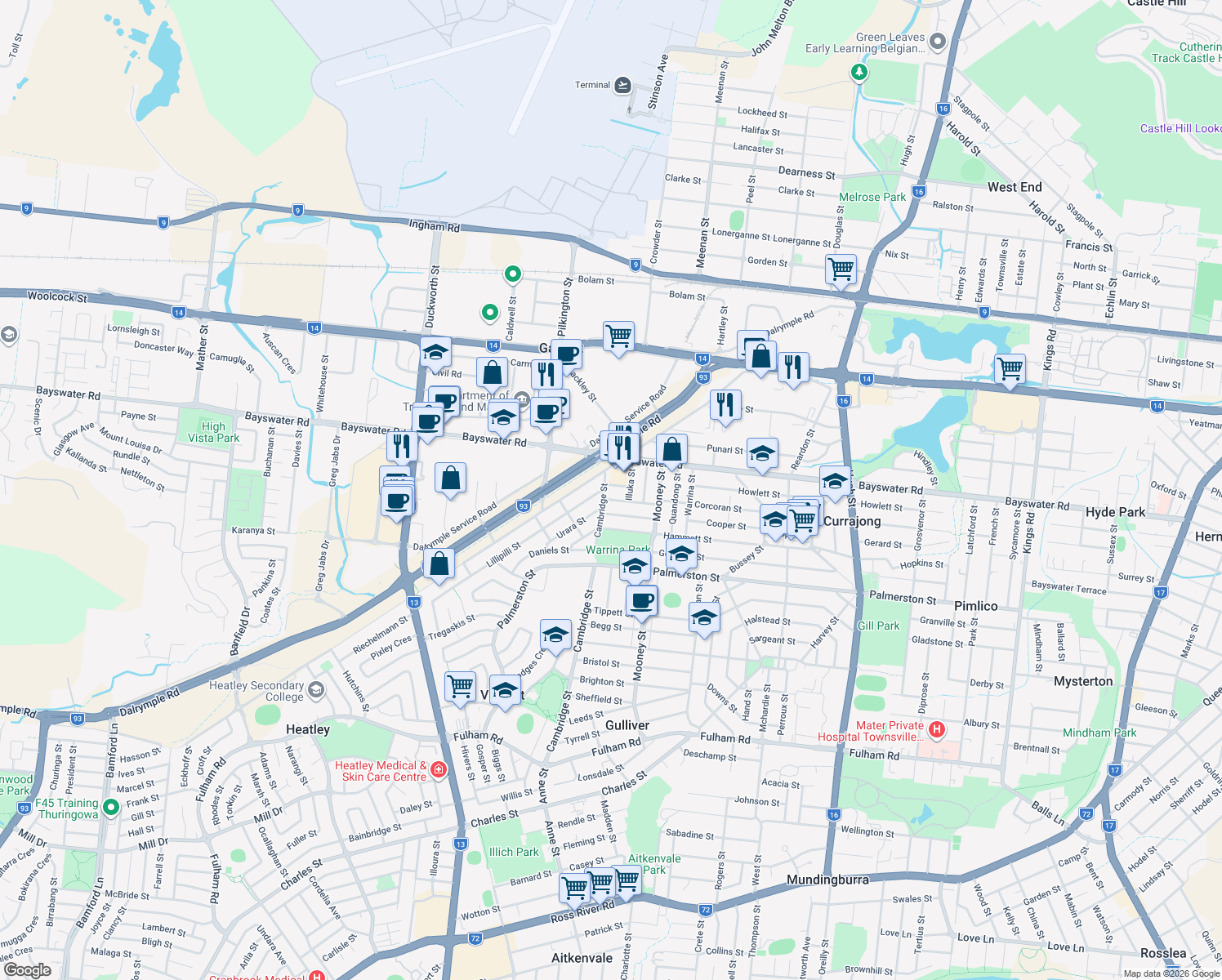 map of restaurants, bars, coffee shops, grocery stores, and more near 10 Palara Street in Currajong