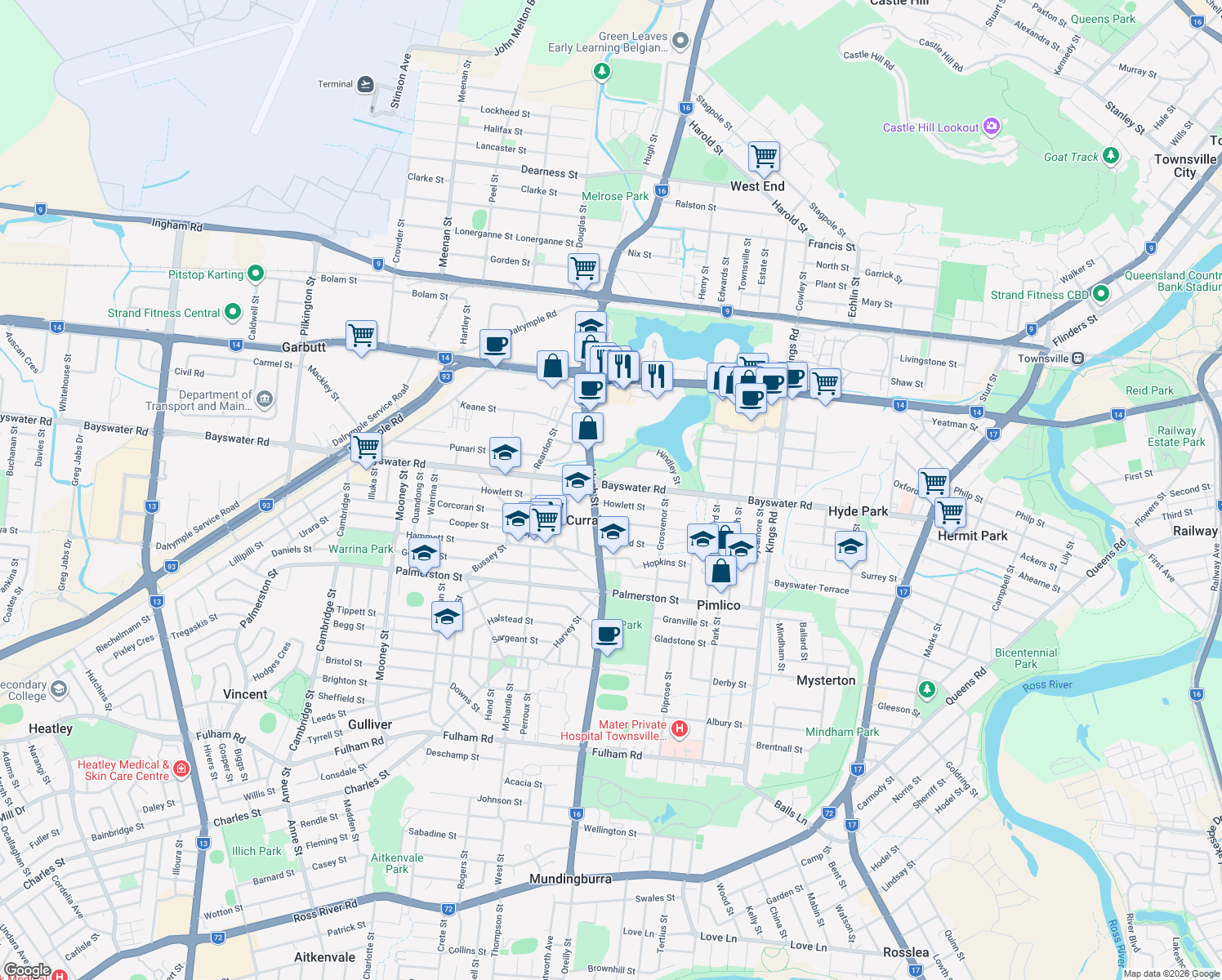 map of restaurants, bars, coffee shops, grocery stores, and more near 184 Bayswater Road in Currajong