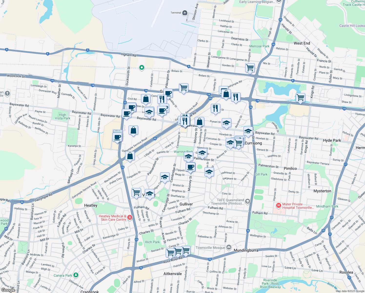map of restaurants, bars, coffee shops, grocery stores, and more near 18 Cambridge Street in Currajong