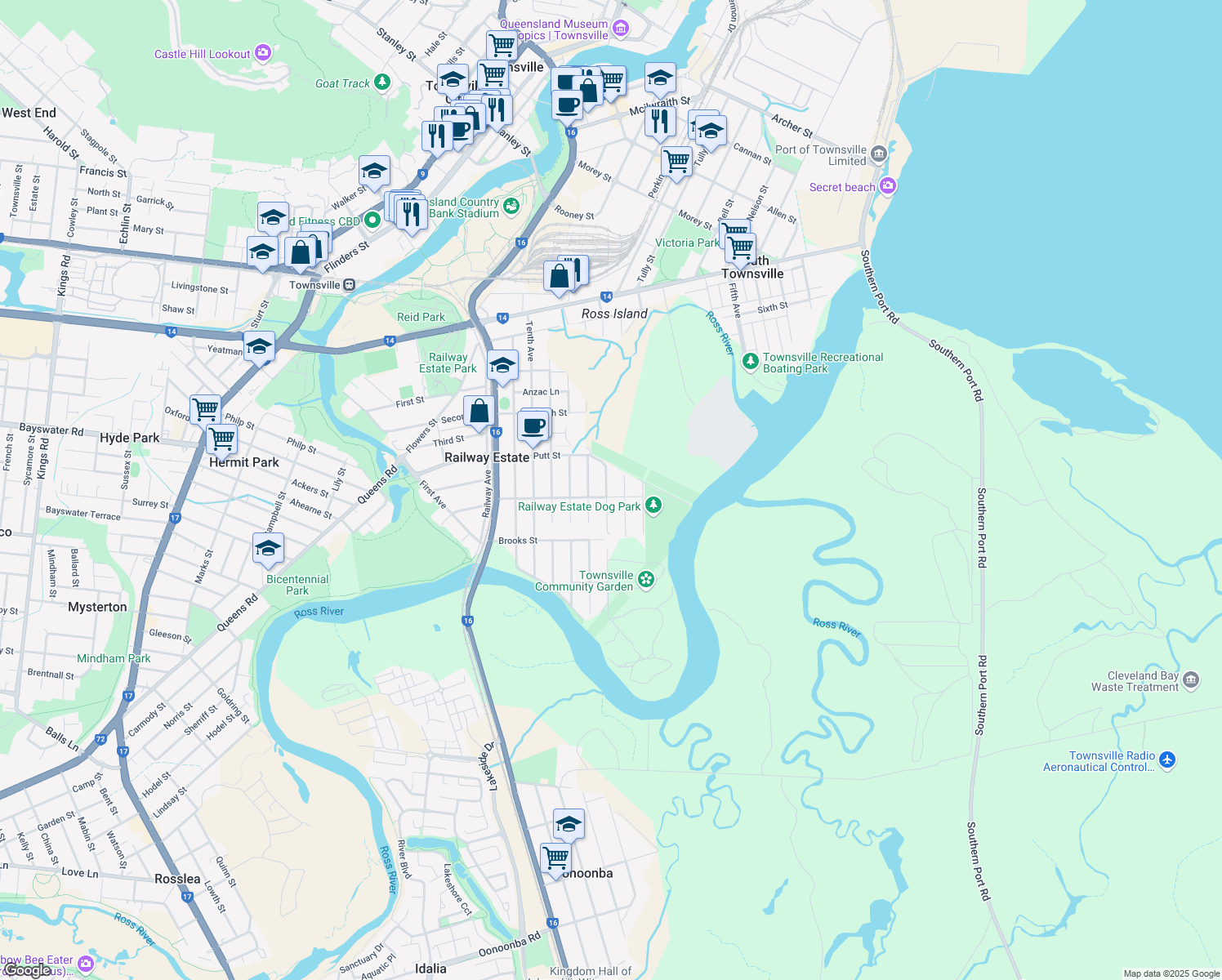 map of restaurants, bars, coffee shops, grocery stores, and more near 71 Robertson Street in Railway Estate