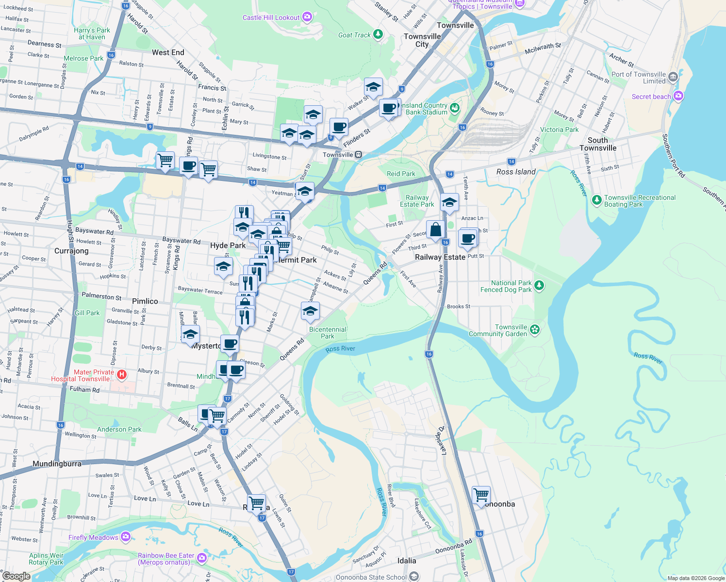 map of restaurants, bars, coffee shops, grocery stores, and more near 48A Queens Road in Hermit Park