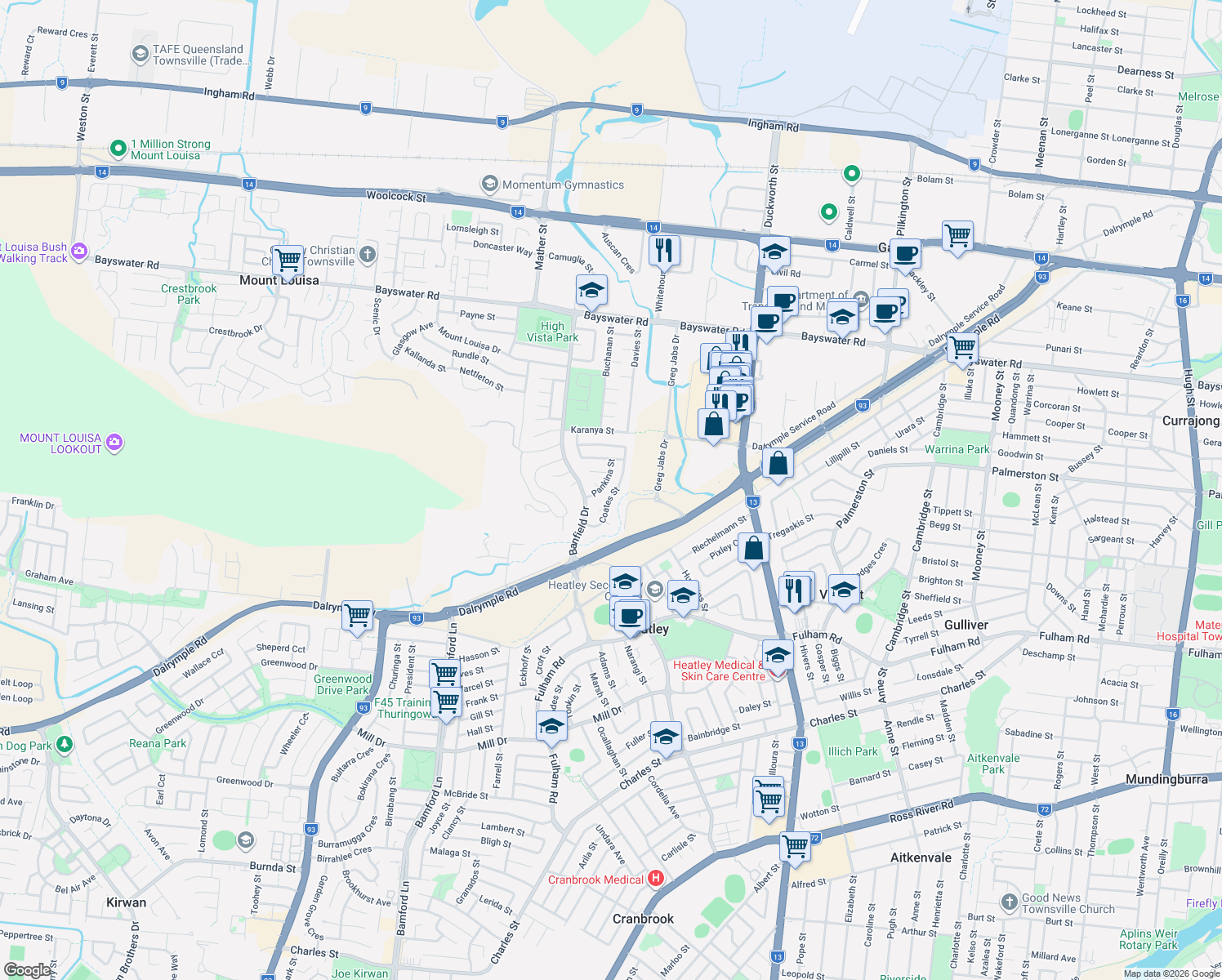 map of restaurants, bars, coffee shops, grocery stores, and more near 37 Coates Street in Mount Louisa