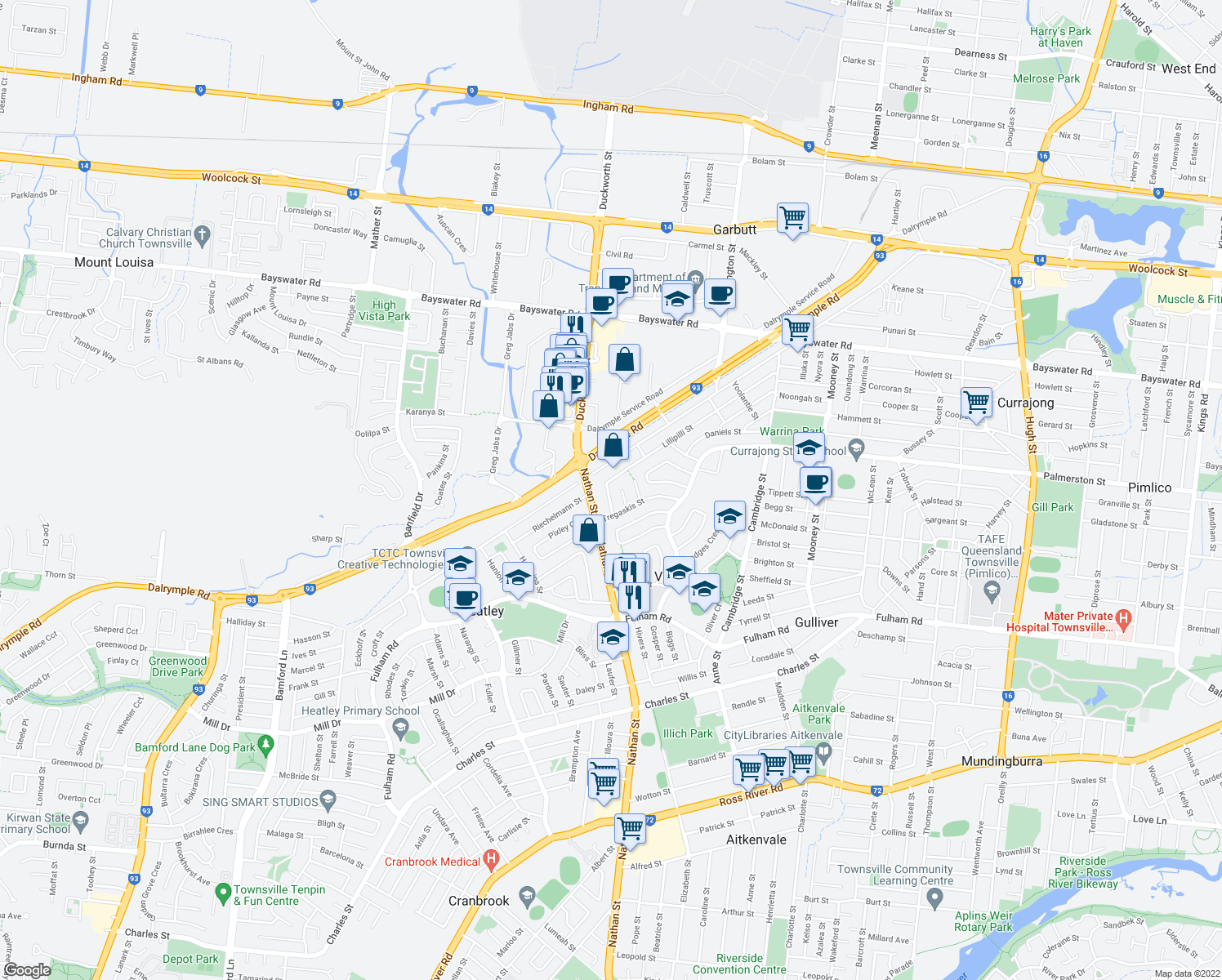 map of restaurants, bars, coffee shops, grocery stores, and more near 98 Lillipilli Street in Vincent