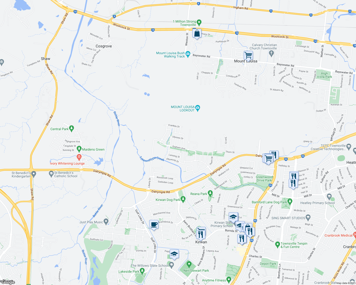 map of restaurants, bars, coffee shops, grocery stores, and more near 8 Coolidge Street in Mount Louisa