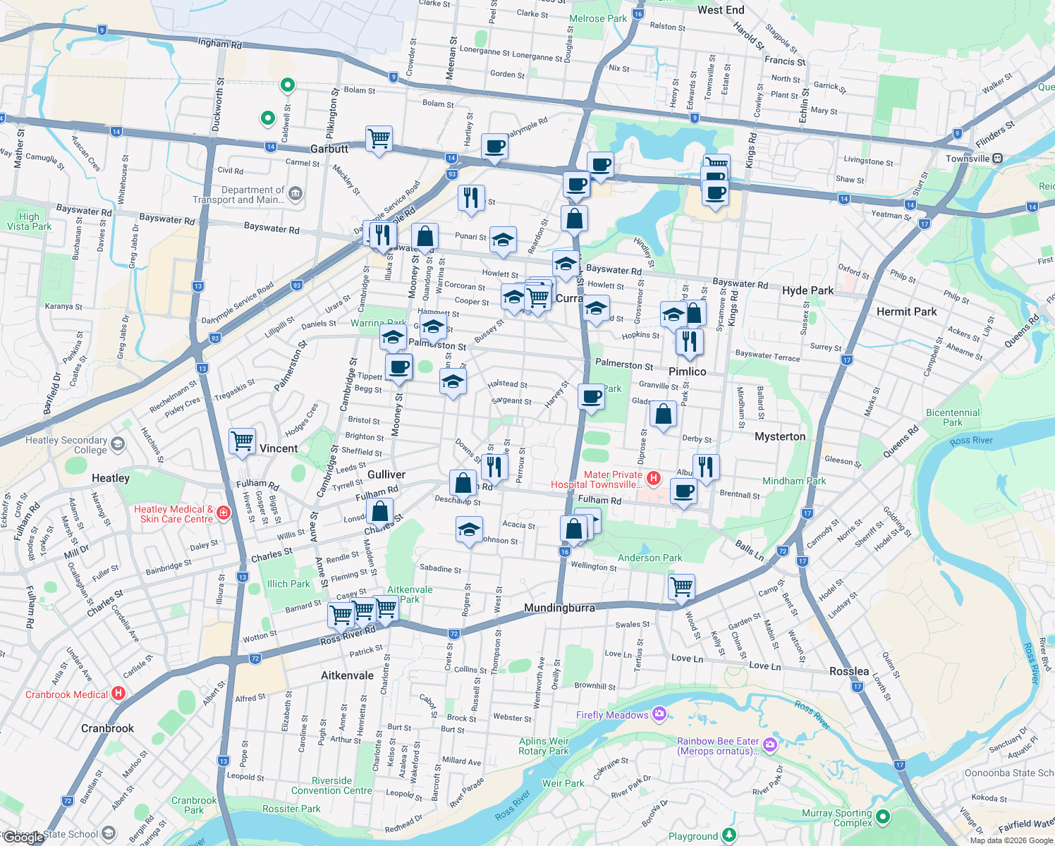 map of restaurants, bars, coffee shops, grocery stores, and more near 65 Perroux Street in Gulliver
