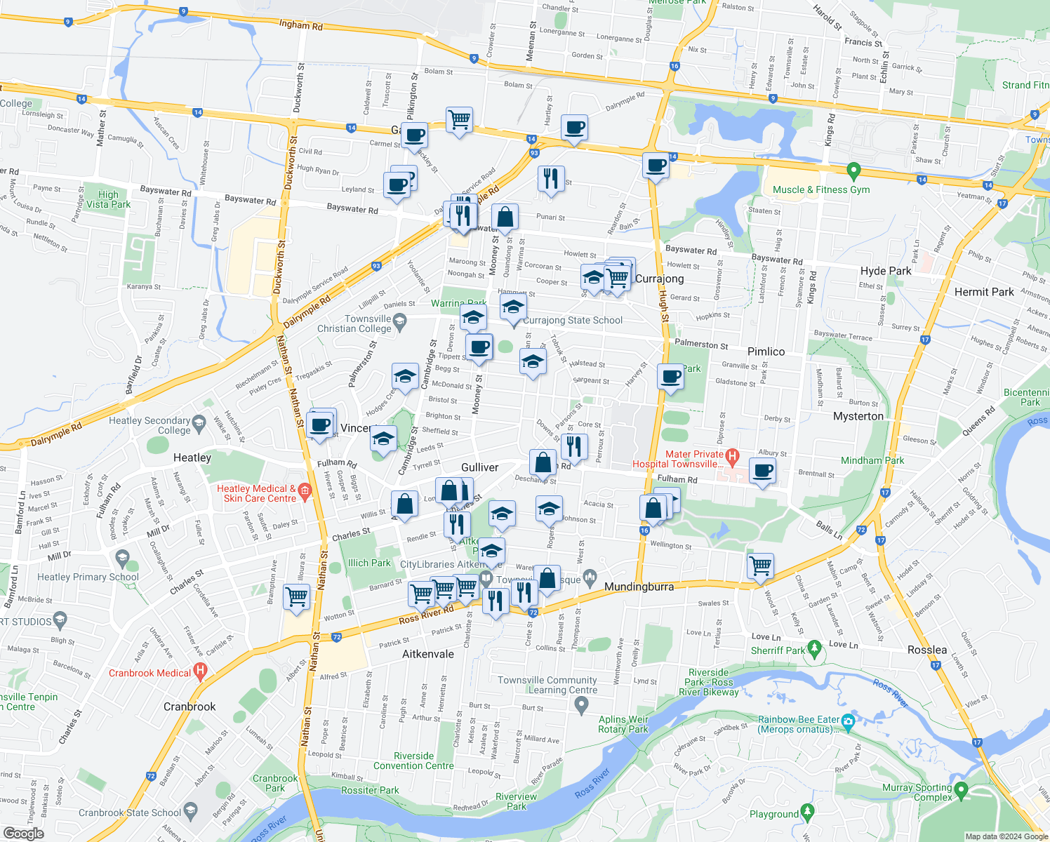 map of restaurants, bars, coffee shops, grocery stores, and more near 54 McLean Street in Gulliver